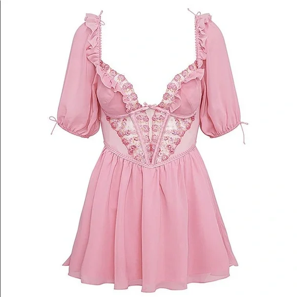 FOR LOVE & LEMONS Pink Fan Floral Puff Sleeve Dress